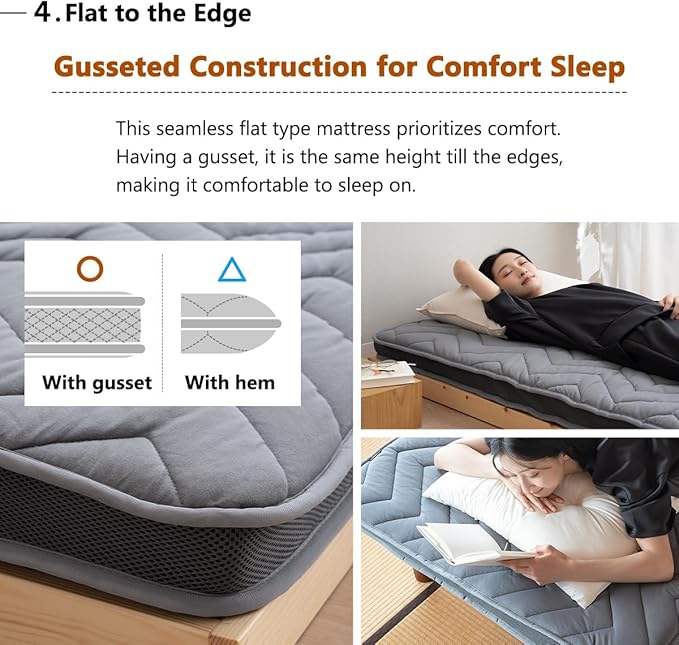EMOOR Japanese Wool-Blend Padded Futon Mattress GOMA King Dark Gray, Gusset Foldable Sotrable Elastic Bands Floor Sleeping Guest Bed Tatami Mat