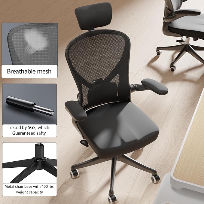 Ergonomic Office Chair with Adjustable Lumbar Support & Flip-Up Armrests - High Back Computer Desk Chair with Thickened Seat Cushion, Rolling Wheels for Home/Office Study Work