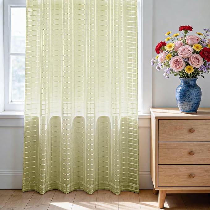 SpaceDresser Check Sheer Curtains 84 Inches 2 Panels Set, Rod Pocket Plaid - Image 3