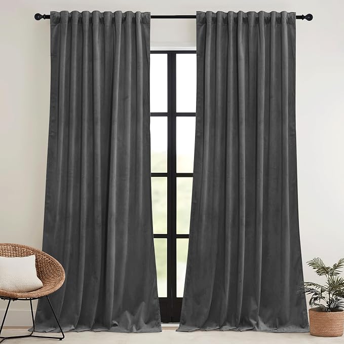 RYB HOME Grey Velvet Curtains 102 inches - Image 2