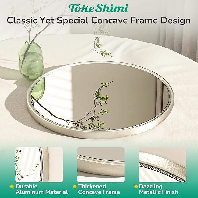 TokeShimi 40 in Tempered Bathroom Vanity Mirror Round Brushed Nickel Bathroom Mirror, 40x40 Shatterproof Circle Wall Mirrored Farmhouse Metal for Entryway, Bedroom, Restroom, Vanity, Living Room