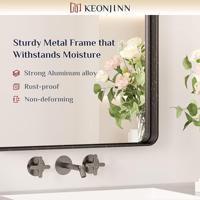 Keonjinn Black Bathroom Mirror for Vanity 55 x 30 Inch Large Metal Framed Wall Mirror Matte Black Rounded Rectangle Farmhouse Mirror, HD Tempered Glass, Modern Decorative Mirror(Horizontal/Vertical)