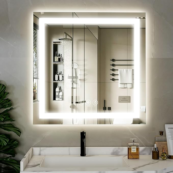36x36 LED Bathroom Mirror, Backlit + Front Lit, LED Bathroom Mirror with Lights for Wall, 3 Colors, Anti-Fog, Dimmable Brightness, Memory Function, Tempered Glass