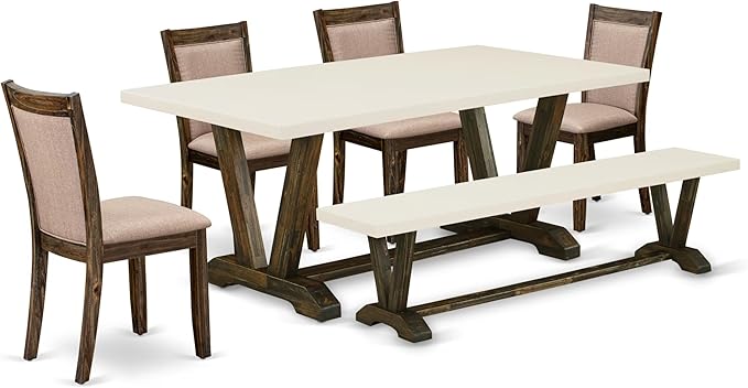 East West Furniture V727MZ716-6 6 Piece Dining Set Contains a Rectangle Dining Room Table with V-Legs and 4 Dark Khaki Linen Fabric Upholstered Chairs with a Bench, 40x72 Inch, Multi-Color