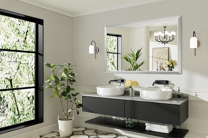 55x36 Inch Silver Bathroom Mirror for Wall, Thick Metal Framed Rectangle Mirrors for Over Sink, Bedroom, Living Room, Entryway, Anti-Rust, HD Tempered Glass