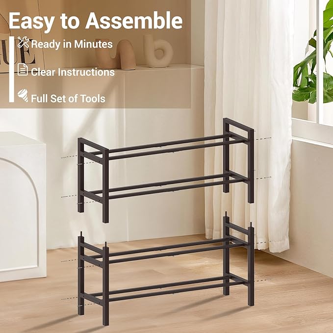Haddockway Bamboo Shoe Rack for Closet, Free Standing Shoe Organizer with Smooth Round Rods & Convenient Handles, Stackable Shoe Storage Shelf for Entryway, Hallway(Brown, 4-Tier)