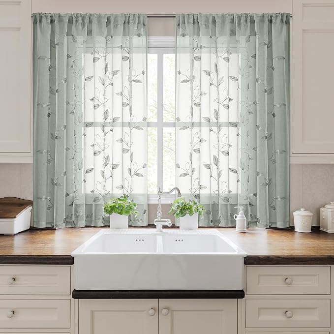 HOMEIDEAS Sage Green Sheer Curtains 52 x 54 Inch Length 2 Panels Embroidered - Image 7
