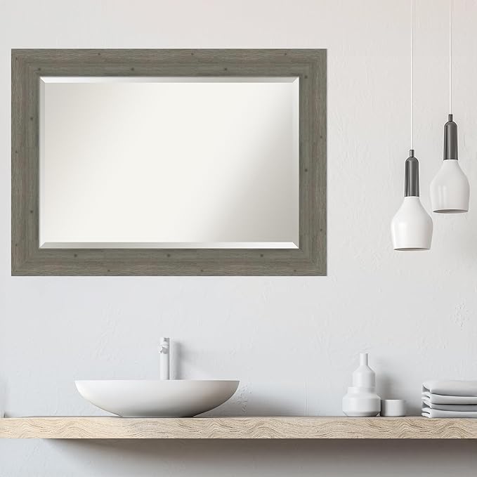 Amanti Art Grey Wall Mirror 31x43 Fencepost Grey Rectangle Bathroom Mirror for Wall Decor Living Room, Large Country Rustic Wood Frame, Hangs Horizonally and Vertically, Bathroom Decor, Beveled Edge