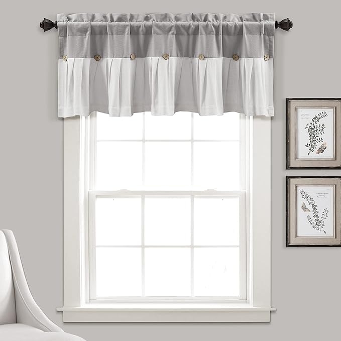 Lush Decor Linen Button Farmhouse Valance Curtians 84"W x 18"L Gray & Off White by LushDecor