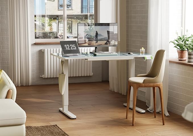 INNOVAR Glass Standing Desk with Drawers, Adjustable Height Stand Up Desk, Electric Standing Desks with Storage, 48 inch, Morandi Blue