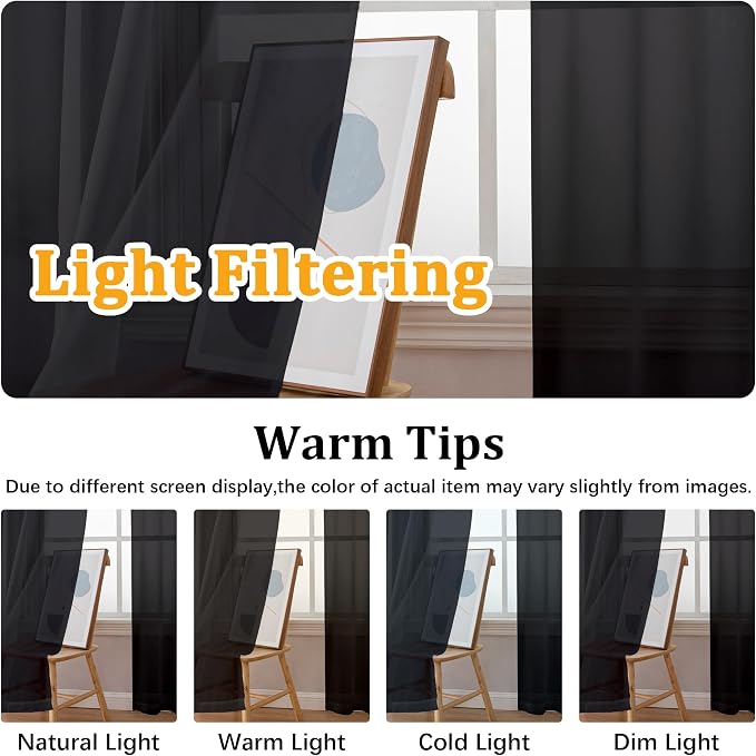 Gwine Sheer Black Curtains 96 Inches Long 2 Panels Set, Light Filtering Voile - Image 5