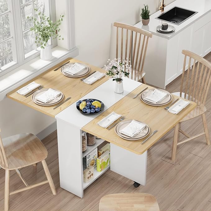 IDEALHOUSE Folding Dining Table, Drop Leaf Table with 6 Wheels and 2-Layer Storage Shelf, Space Saving Dining Table for Small Spaces (Natural Wood, 47.2" D x 23.6" W x 29.5" H)