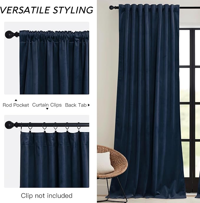 RYB HOME Navy Blue Velvet Curtains 102 inches - Image 3