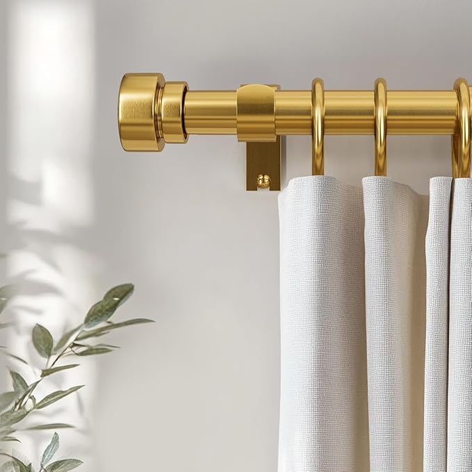 2 Pack Modern Gold Curtain Rods for Windows 28 to 48 Inches Adjustable Length Heavy Duty 1" Diameter Brass Window Curtain Rod with Solid Metal Finials for Outdoor Farmhouse Bedroom Kitchen Living Room