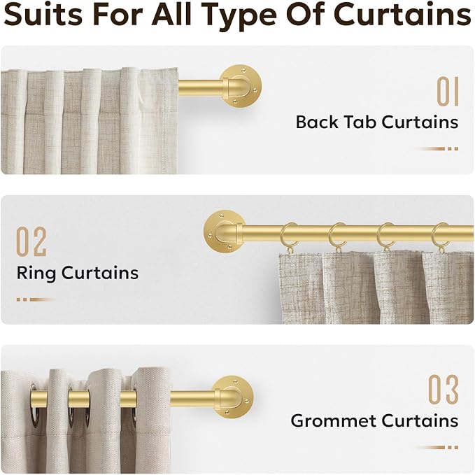 Zeerobee Curtain Rods for Windows 32 to 72, 1 Inch Industrial Wrap Around Gold - Image 8
