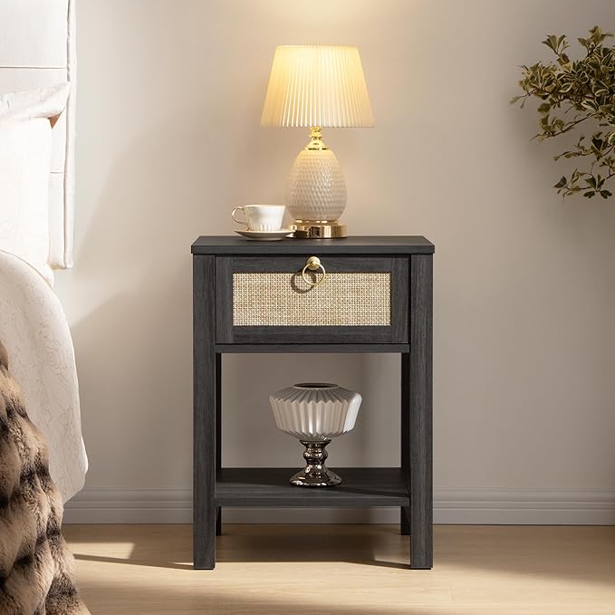 SICOTAS Rattan Nightstand, Rattan Decor Drawer with Brass Knobs Night Stand Bedside Table Boho End Tables Side Tables with Storage Shelf for Bedroom,Small Space