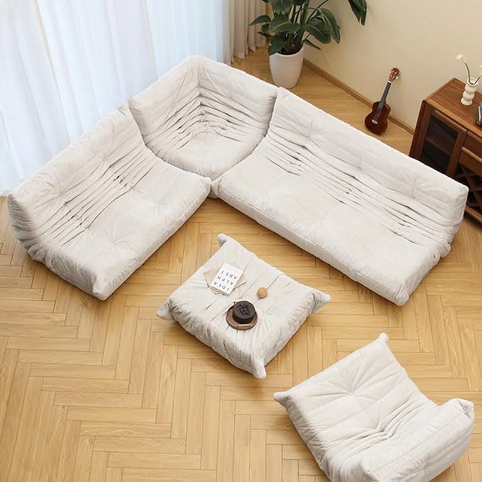 N&V Soft Premium Chenille Floor Lounge Chair, Mid Century Armless Floor Sofa, Foam Sofa Accent Chair for Living Room Bedroom and Office (White, Corner Chair)