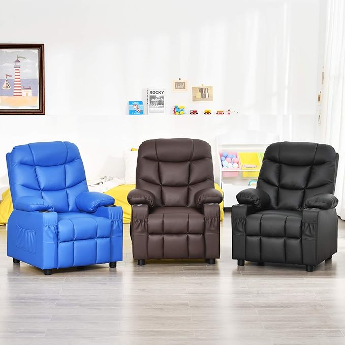 Costzon Kids Recliner Chair with Cup Holder, Adjustable Leather Lounge Chair w/Footrest & Side Pockets for Children Boys Girls Room, Ergonomic Toddler Furniture Sofa, Kids Recliner (Brown)