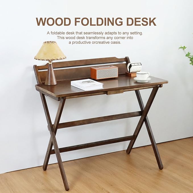Folding Desk No Assembly Required Small Size, Foldable Computer Desk with Shelf for Home Office, Space Saving Portable Laptop Study Foldable Table for Small Spaces,Walnut Color