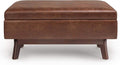 SIMPLIHOME Owen 36 inch Wide Mid Century Modern Rectangle Small Rectangular Storage Ottoman in Distressed Saddle Brown Vegan Faux Leather, Assembled, for the Living Room, Entryway and Family Room