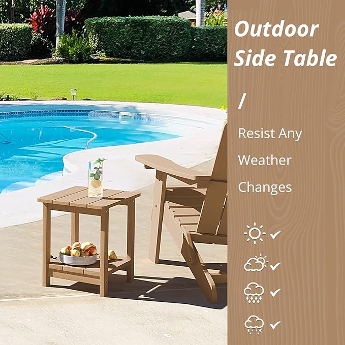 LUE BONA Adirondack Outdoor Side Table, 2-Tier Brown HDPS Patio End Table Weather Resistant, Morden Side Table for Patio, Pool, Porch