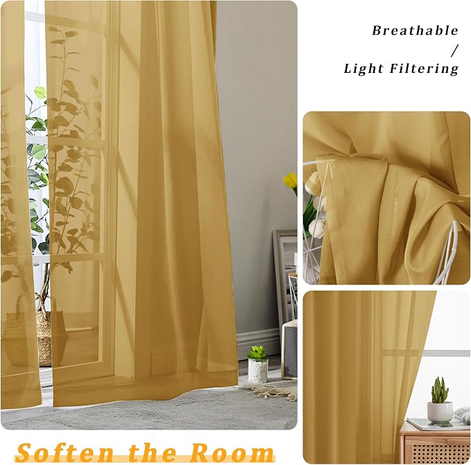 Gwine Gold Sheer Curtains 72 Inches Long 2 Panels Set - Image 3