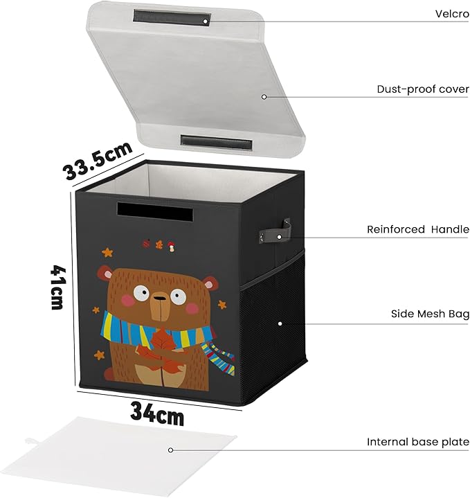 40L Large Toy Storage Box with Lid, Large Toy Box Chest for Kids, Girls and Boys, Nursery Room and Living Room, 13"x13" x16" (black-bear)