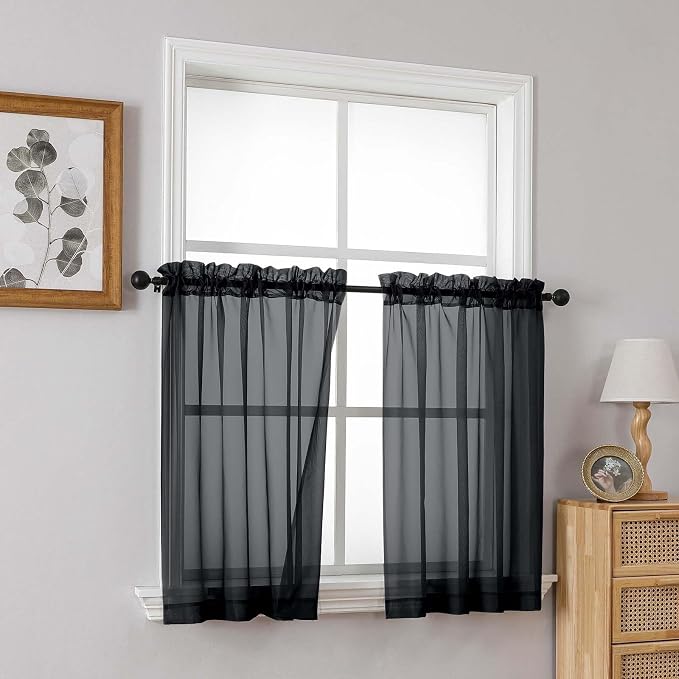 Black Small Sheer Curtains 2 Panels Set, Kitchen Curtains 36 Inch Length - Image 8