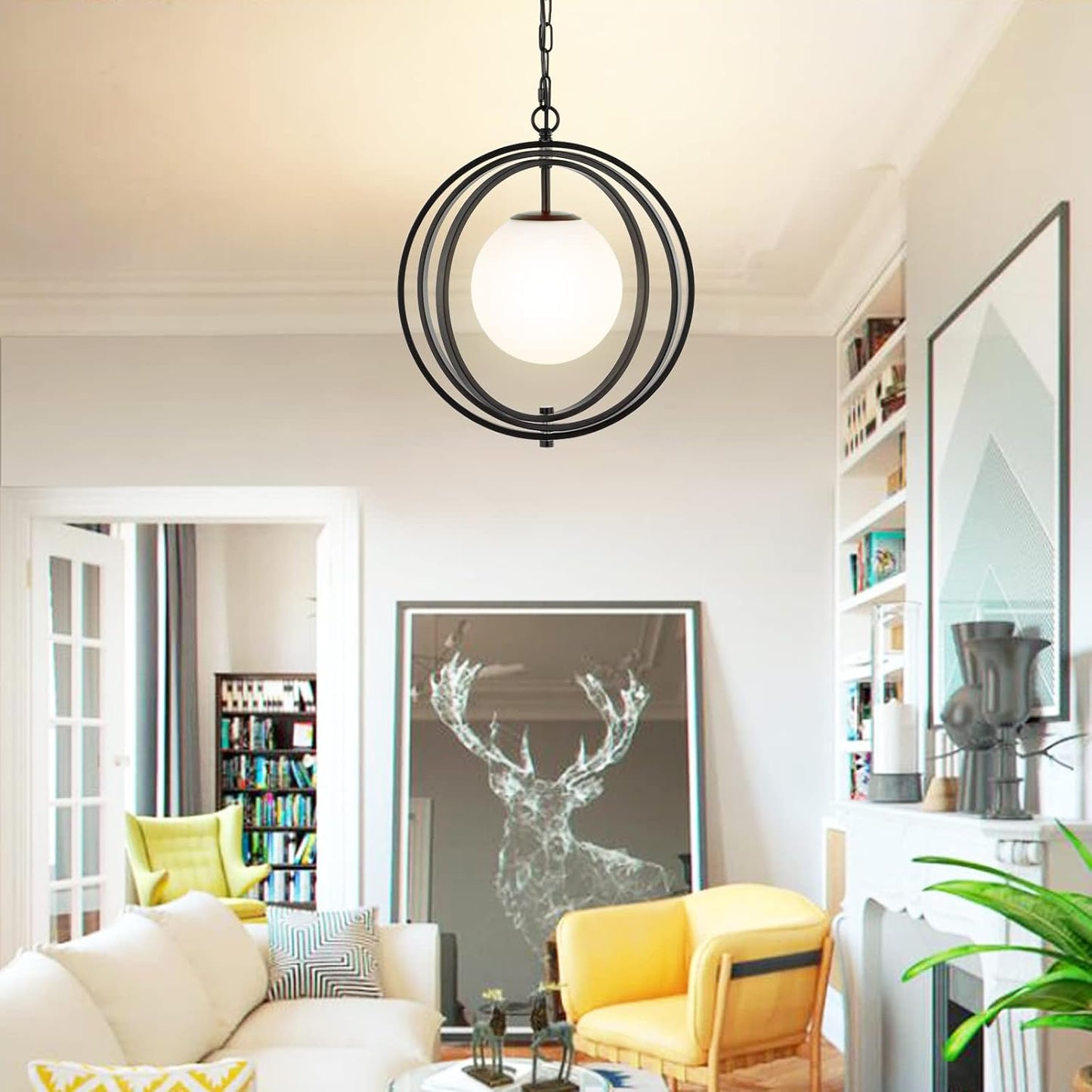 Black Orb Chandelier 1 Light Globe Pendant Light Fixtures White Globe Glass Shade Hanging Ceiling Light for Dining & Living Room, Bedroom, Foyer and Kitchen Island