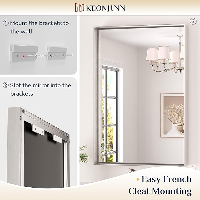 Keonjinn 16 x 24 in Brushed Nickel Bathroom Mirror, Rectangular Metal Framed Vanity Mirror for Wall Square Corner Aluminum Alloy Modern Rectangle Mirror(Horizontal/Vertical)