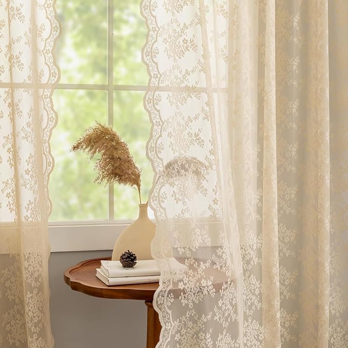 YJ YANJUN Vintage Lace Curtains 108 Inches Long-Victorian Floral Beige Sheer - Image 3
