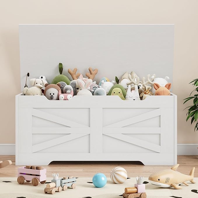 GarveeHome 39.4" Storage Chest, Toy Chest With Lids, Entryway Storage Bench with Safety Hinge, Wooden Storage Trunk, Supports 350 Lb, for Living Room, Bedroom,White