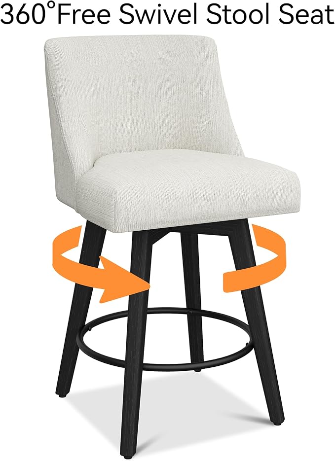 Counter Height Bar Stools Set of 8, Modern Swivel Barstools with Back and Wood Legs, Linen Fabric Upholstered Bar Chairs, 26" H Kitchen Counter Stools, Kitchen Island Home Bar, Ivory
