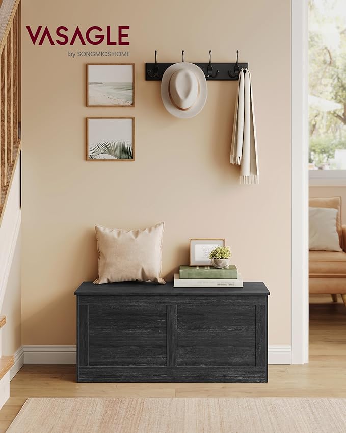 VASAGLE Storage Chest, Storage Trunk with 2 Safety Hinges, Storage Bench, Shoe Bench, Farmhouse Style, 15.7 x 39.4 x 18.3 Inches, for Entryway, Bedroom, Living Room, Charcoal Gray ULSB164B01