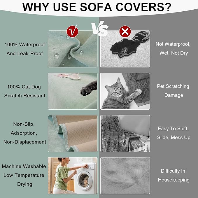 STACYPIK Thick Dual Waterproof Couch Cover Water Resistant Sea Green Sofa Cover for 3 Cushion Couch Non-Slip L Shaped Sectional Sofa Leakproof Furniture Protector Cover for Kid Pet Dog Cat-71X150IN