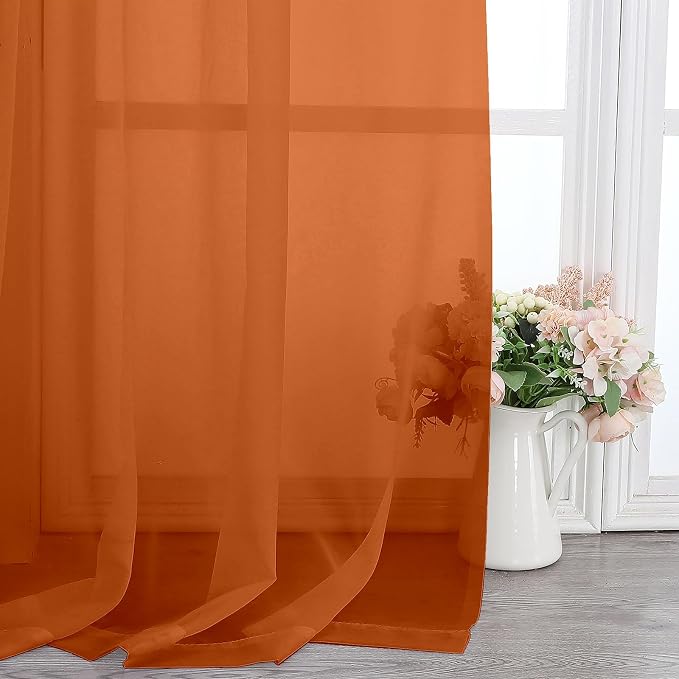 Lecloud Orange Sheer Curtains 96 Inches Long 2 Panels, Light Filtering Voile - Image 8