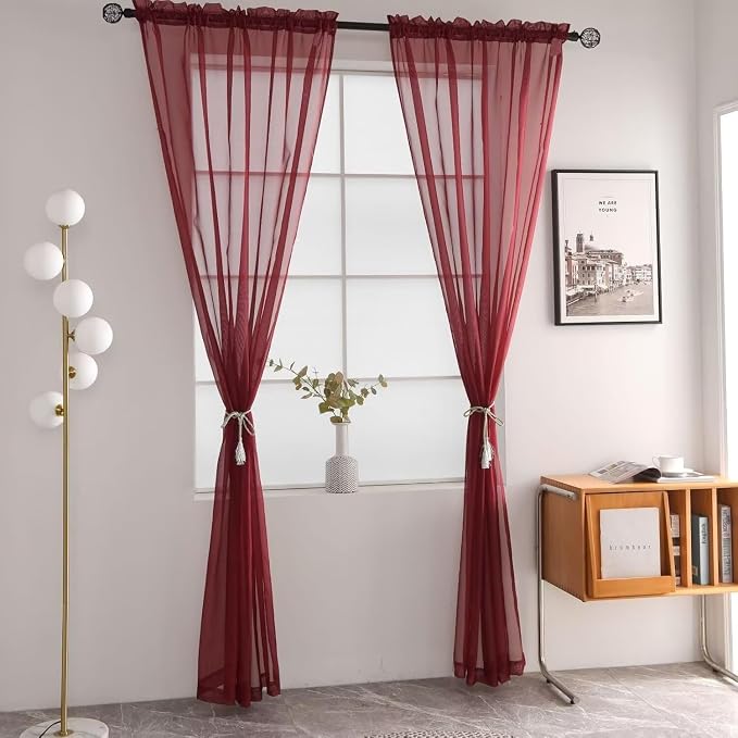 SpaceDresser Burgundy Sheer Curtains 4 Panels Rod Pocket Semi-Sheer Curtain 90 - Image 3