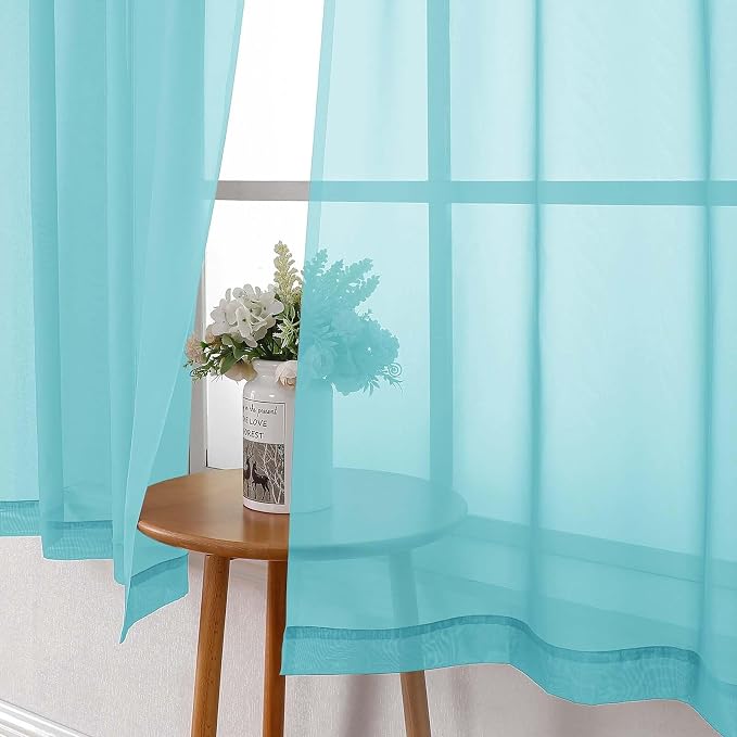 Lecloud Aqua Sheer Curtains for Bedroom 54 Inch Length 2 Pcs, Rod Pockets Solid - Image 2