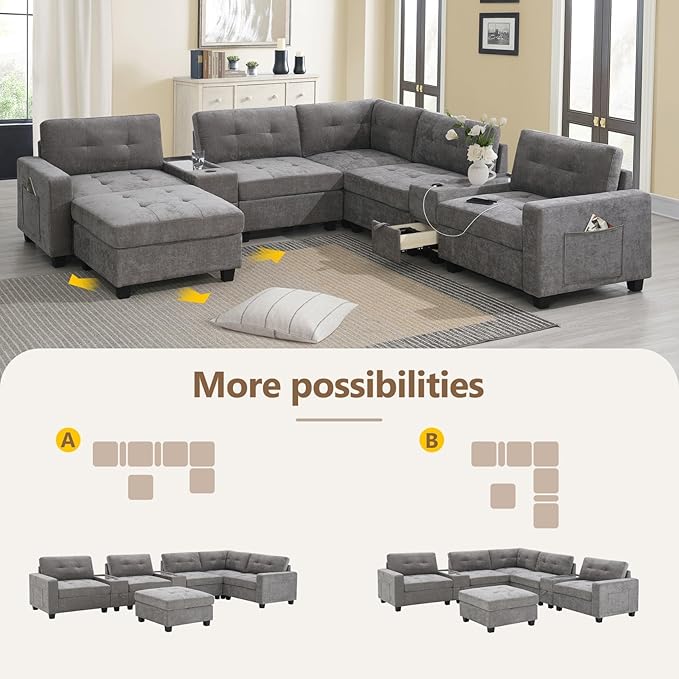 Merax 104 * 104" Chenille Sectional Couches with 2 Acrylic Consoles, Upholstered Modular Tufted Sofa Chaise with Ottoman, Storage Drawers, Pockets, USB Charger & Cup Holders for Living Room Apartment
