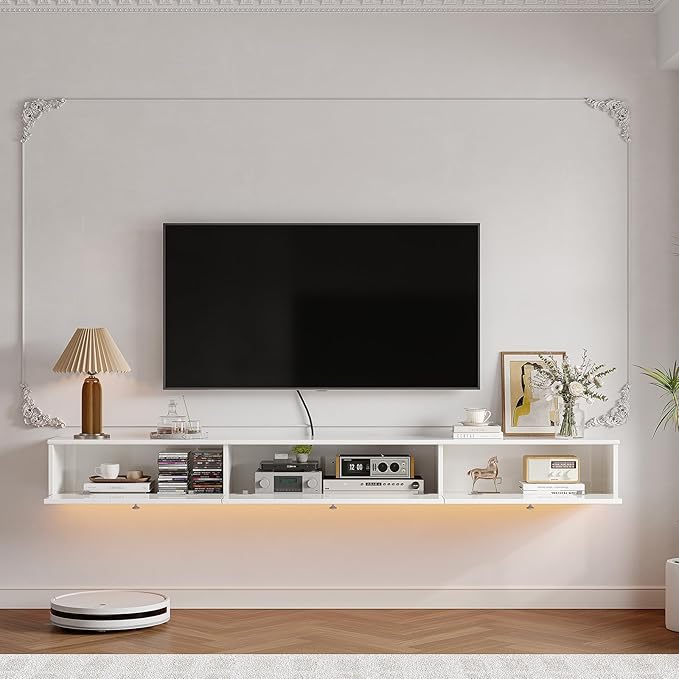 Retro Floating TV Console with 3 Doors,47'' High Gloss Floating TV Stand,Wall Mounted TV Cabinet,Contemporary Floating Media Console for Under TV Storage,Living Room,Bedroom(White)
