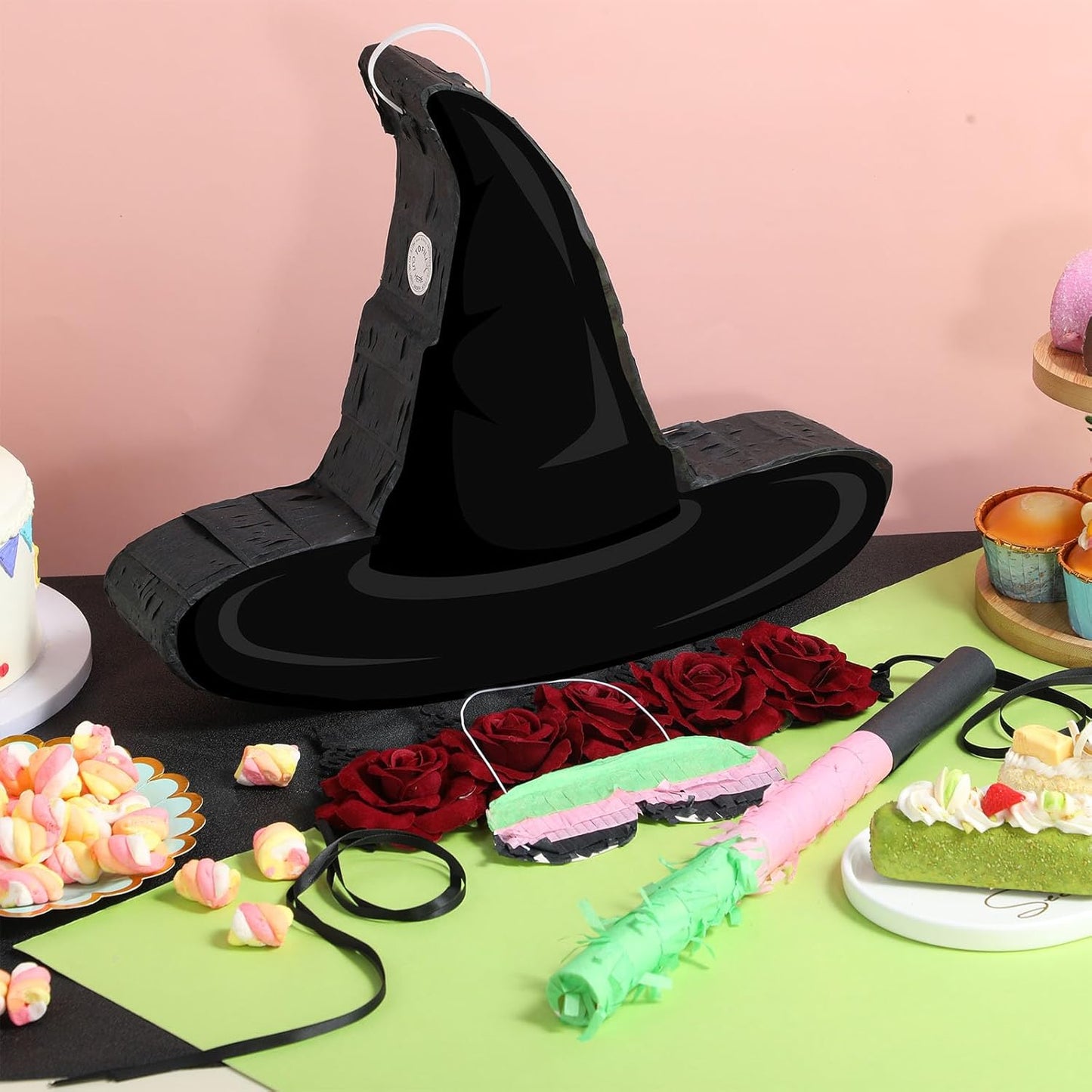 Kasyat Witch Hat Piñata Party Game Set Halloween Theme Piñata with Bat Stick Blindfold Pink Green and Black Party Decor for Halloween Birthday Baby Shower Game Supplies Decor (Witch Hat)