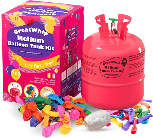 GreatWhip 22L Helium Tank Up To 100 Latex Balloons, Helium Tank For Balloons At Home, Latex Balloons And Ribbons Included