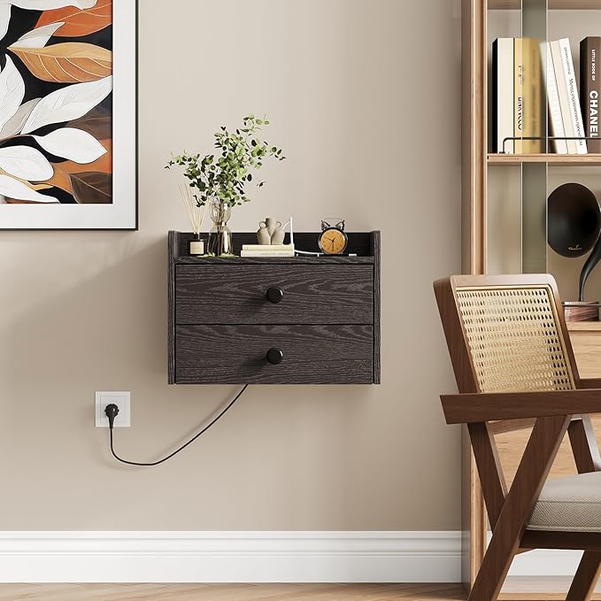 Floating Nightstand Set of 2 with 2 Storage Drawers and Charging Station Wood Wall Mounted Bedside End Table Modern Night Stands Set 2 for Bedroom,Small Space,Black