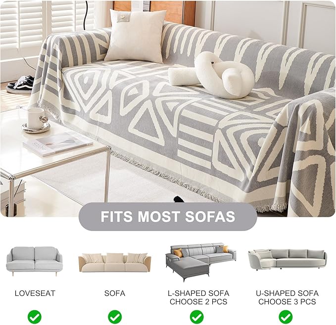 STACYPIK Boho Couch Cover, Chenille Gray Triangle Sofa Cover for 3 Cushion Couch,Non Slip Couch Protector for Dogs Pet-Friendly, Reversible Sectional Cover for L-Shaped, Tassels Throw Blanket-71X150IN