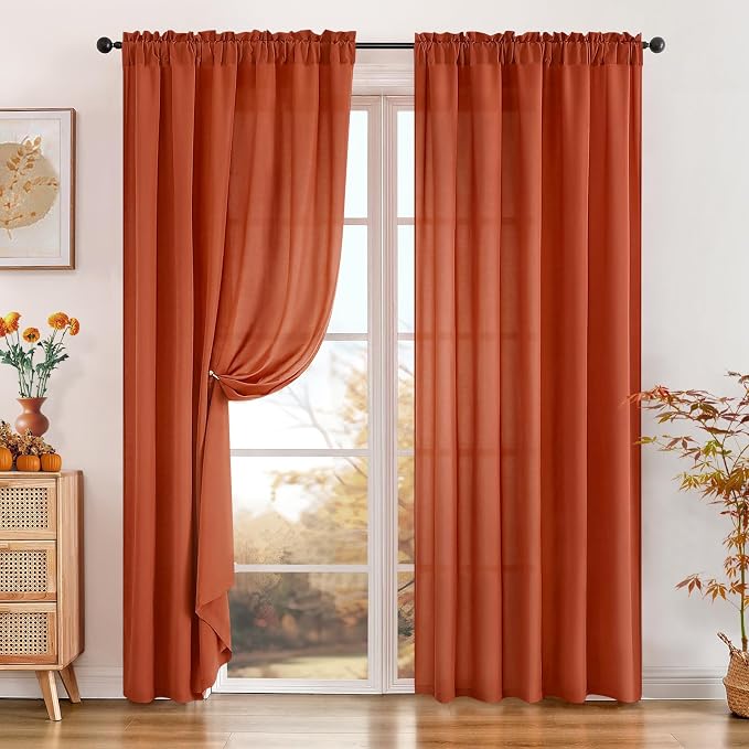 HOMEIDEAS Non-See-Through Fall Burnt Orange Privacy Sheer Curtains, 52 X 96 - Image 2
