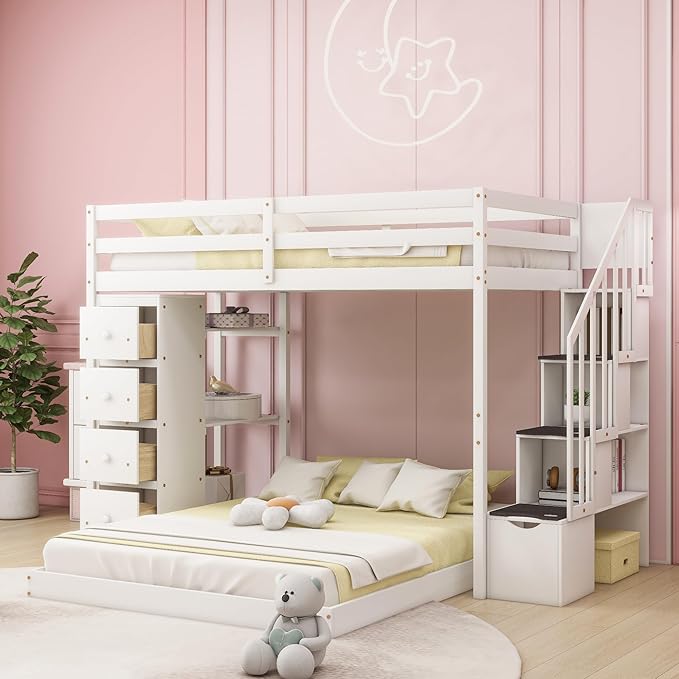 Twin Over Full Bunk Bed with 3-Layer Shelves,Wood L-Shape High Loftbed Frame W/ 4 Drawers & Storage Stairs,No Box Spring Required,Slats Support,for Kids Teens Adults,White