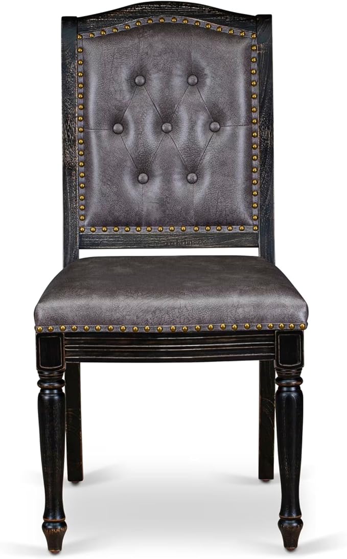 LEMA9-SBB-34, 9-pc Dining Table Set Consists of a Dining Table and 8 Dark Grey Polyester Fabric Modern Dining Chairs with Button Tufted Back, Sand Blasting Black Finish