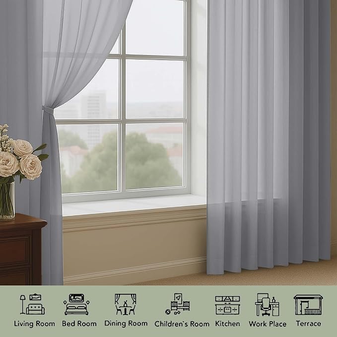 OWENIE Extra Long Grey Sheer Curtains 96 Inches Long 2 Panels Set, Soft - Image 3