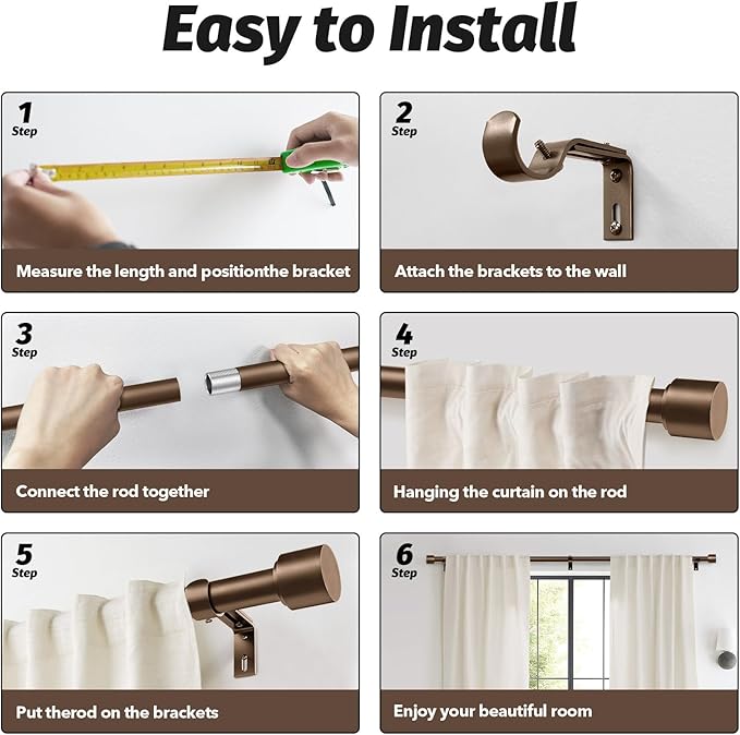 GEEBOBO Bronze Curtain Rods for Windows 48 to 84 Inch, 1 Inch Adjustable Heavy - Image 7