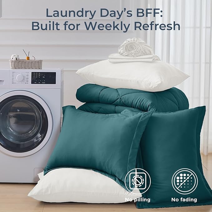 HEVUMYI Full Comforter Set - 7-Piece All Season Bed in a Bag Full, Ultra Soft Bedding Set with Comforter, Flat Sheet, Fitted Sheet, Pillowcases, Pillow Shams, Peacock Blue & Ivory